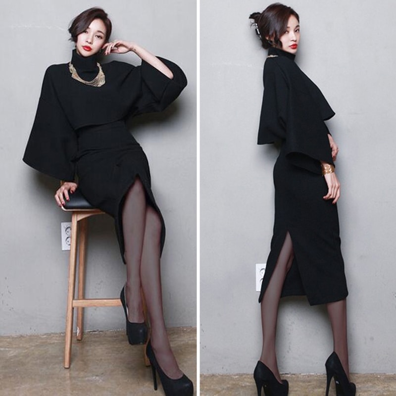 セットアップ ハイネック ボリュームスリーブ トップス ミモレ丈 タイトスカート バックスリット 3色 レディース 上下セット スリム きれいめ 上品 おしゃれ レトロ モード系 エレガント 春 秋 6,956円