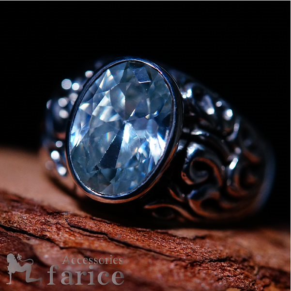 オーバルブリリアントカット 大粒クリアキュービックジルコニア装飾 ダブルサイドアラベスクレリーフデザイン メンズ シルバー925 リング