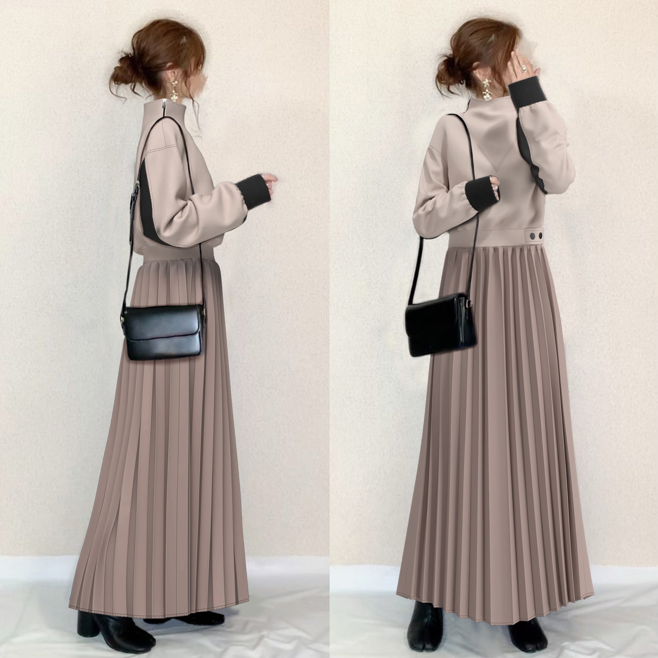 【SNSで話題沸騰】 高見えデザイン シンプル ボタン 配色 プリーツ 長袖 ハイネック カジュアルワンピース レディース