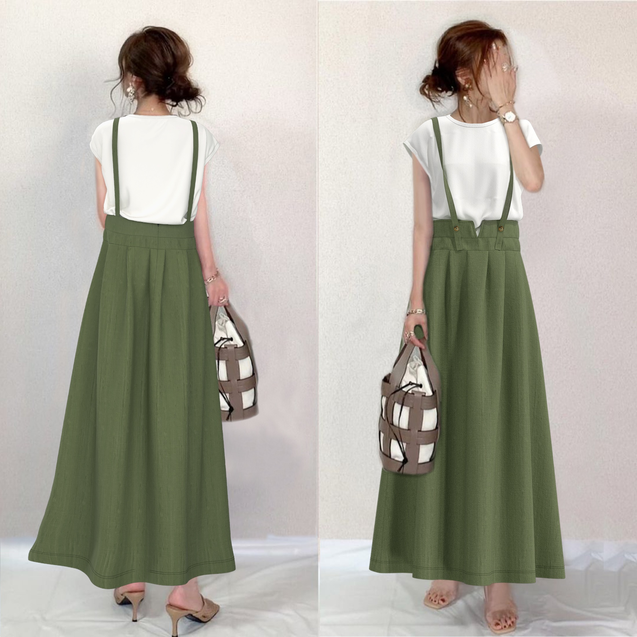 【No.1 人気商品】 気質アップ 清新 無地 半袖 Ｔシャツ サロペット ギャザー ボタン 2点セット