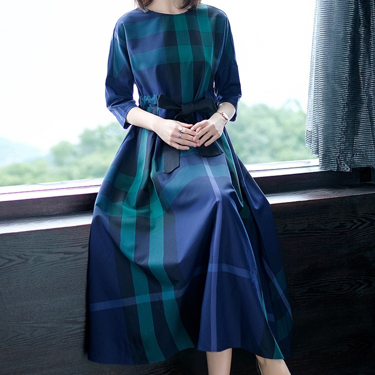 レディース スカート ワンピース ドレス フレア フレアスカート ロングスカート ミモレ ロング 7分袖 ドロップショルダー ラウンドネック フレア Aライン ドレープ フェミニン リボン