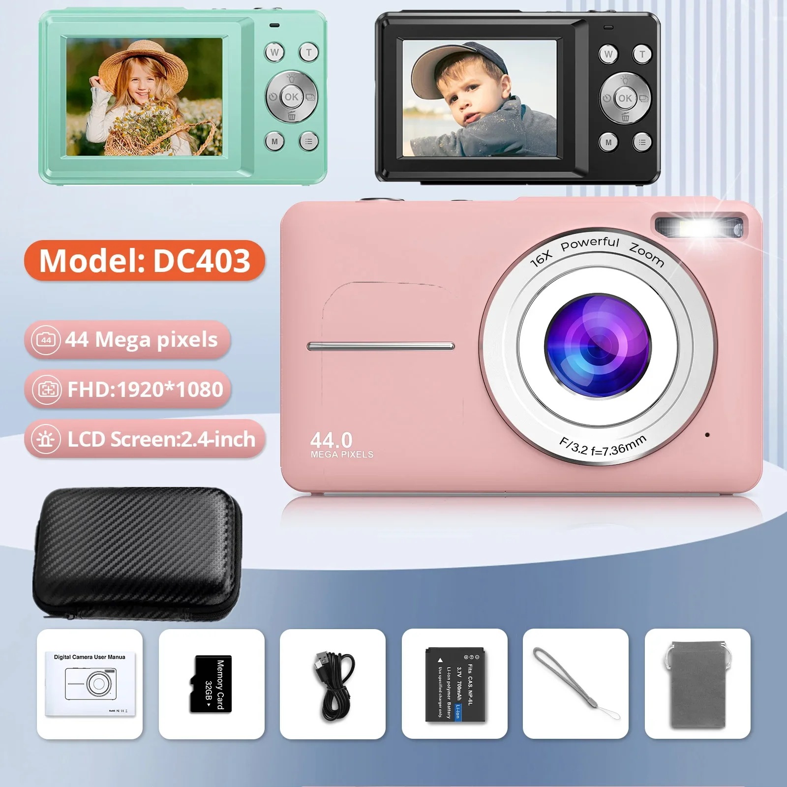 HD 1080P 2.4インチデジタルカメラ充電式カメラ16倍ズームコンパクトカメラ44MPカメラ