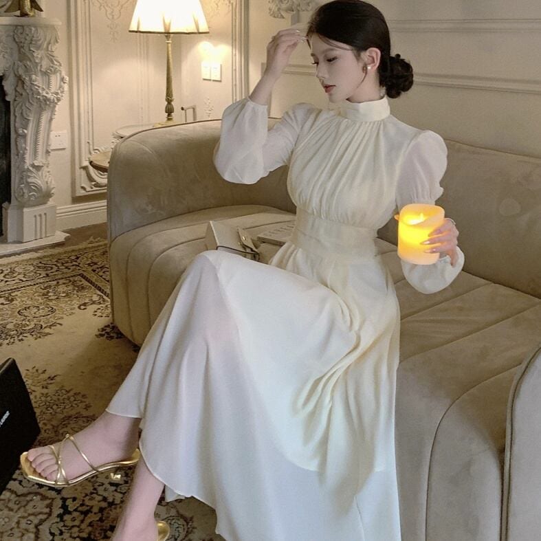 ワンピース ロングワンピース ワンピースドレス 長袖 ハイネック ウエストマーク パフスリーブ ロング丈 フレア 透け感 かわいい 大人可愛い きれいめ シンプル 上品 おしゃれ かっこいい カジュ