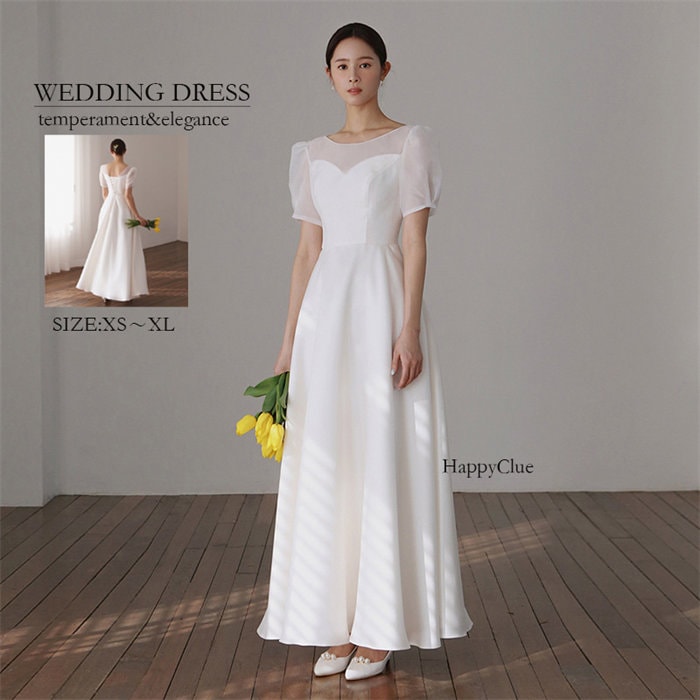 ウェディングドレス 二次会ドレス 上品 白 白ドレス エンパイア ブライダル 花嫁ドレス パーティードレス ロング 白 礼服 フォーマル 演奏会 発表会 ドレス レディース aライン 半袖 成人式ドレ