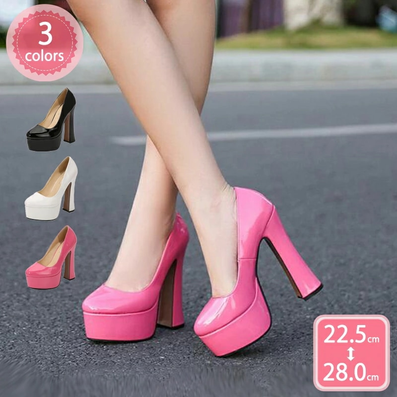 500円OFFクーポン ハイヒール レディース パンプス メンズ シンプル 美脚 大きいサイズ 14cmヒール ラウンド 太ヒール 厚底 エナメル 幅広 安定 黒 白 ピンク 可愛い おしゃれ cos