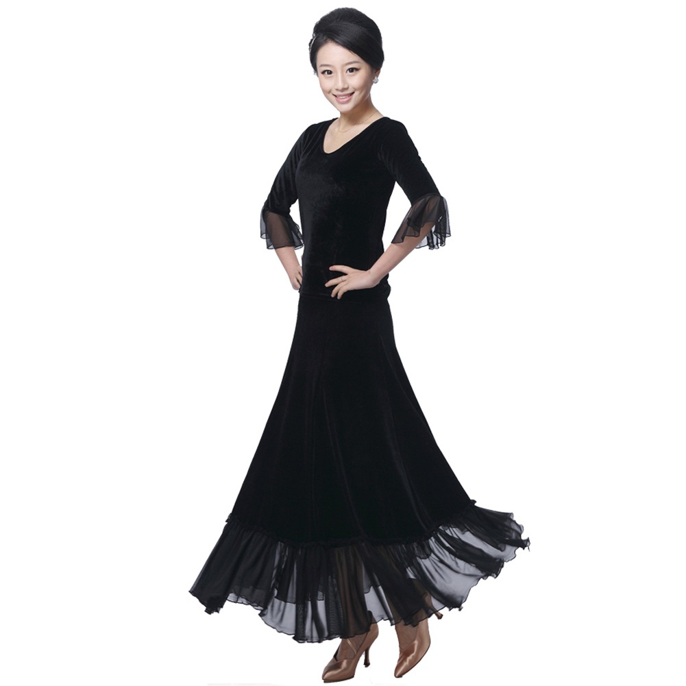 社交ダンス モダンドレス トップス スカート 上下セット 2点セット インターナショナルダンス ベロア ダンス衣装 豪華 ステージ衣装 パーティー舞台衣装 練習着 ダンス スカート ロング スカート