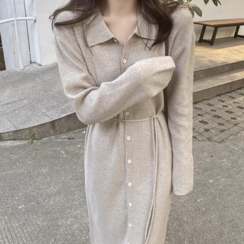 レディース スカート ワンピース ニット セーター ドレス ニットワンピ 前開き ニットスカート ロングスカート ミモレ 長袖 萌袖 襟付き ポロカラー ストレート ウエストマーク ふわふわ ふっくら 4,932円