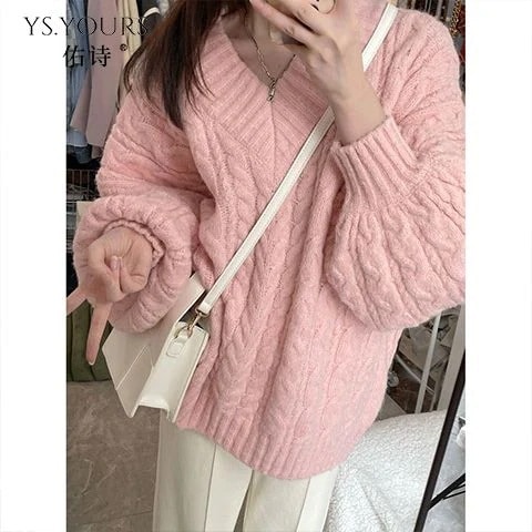 ファッション ニットセーター レディース 秋冬 Vネック 無地 長袖 リブ ストレッチ ニット 怠惰 トップス