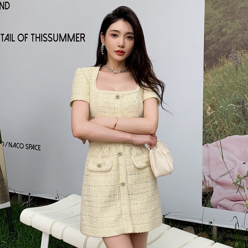 フランスのレトロなエレガントな黄色の黄色の短袖の台形の襟付き小さなドレスのドレスドレスハイウエストスリムな小さなドレス配達ベルト 8,633円