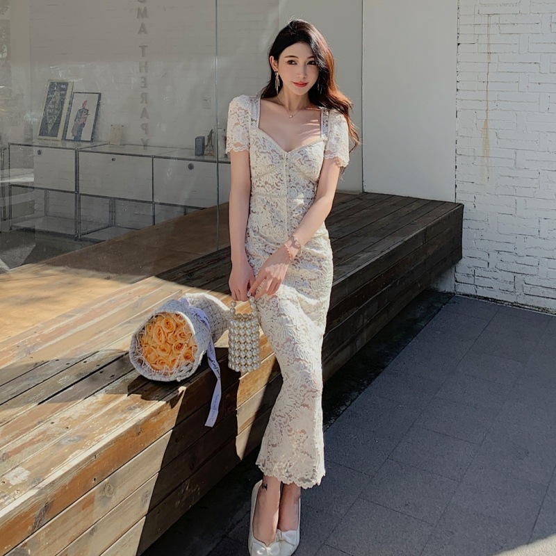 エレガントな気質高品質のセクシーな恋人首の短袖のレースドレスフレンチレトロスタイルの長いスカートツーピースドレス 7,675円