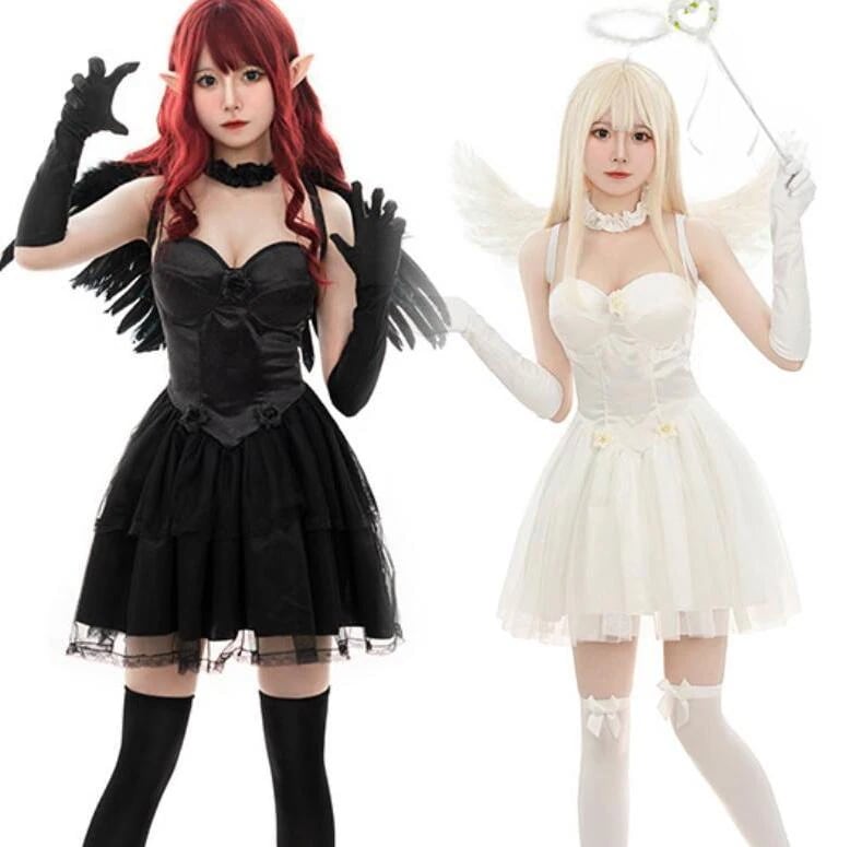 ハロウィンコスプレ限定!の白い天使ネッサスカート悪魔の黒天使羽付きロリータワンピース舞台コスプレ衣装