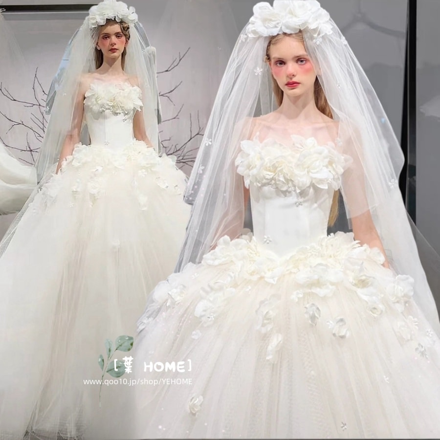 [葉 HOME] 超豪華 ウェディングドレス 白 ドレス 花嫁 結婚式 立体花 パーティードレス レース オフショルダー 花嫁ロングドレス 結婚式 二次会 ビーズ お呼ばれ 挙式 姫系
