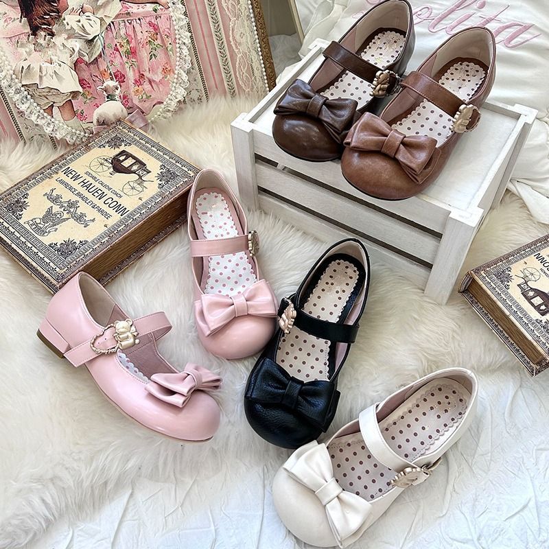 ロリータシューズ 可愛くて甘い 和風 小さめ 革靴 シングルシューズ リボン 学生 スタイル プラス ベルベット