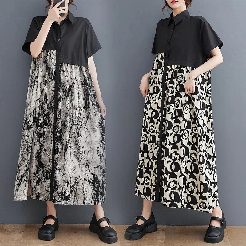 「」 2024夏新品 柄ワンピース ロング シャツワンピース 体型カバー 大きいサイズ レディース