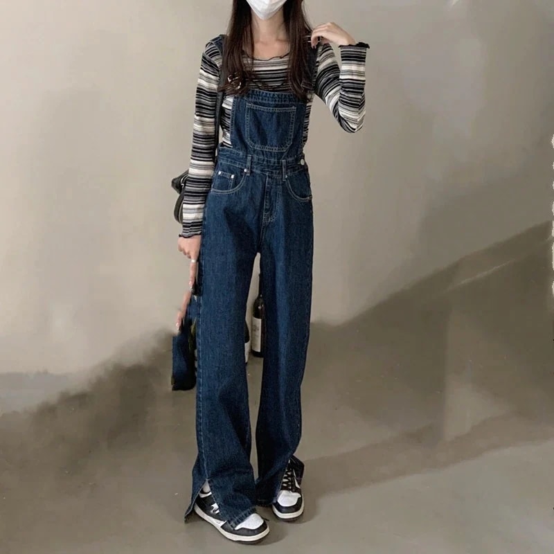 ロング丈パンツ レディース オールインワン サロペット デニムワイトパンツ オーバーオール ジーンズ