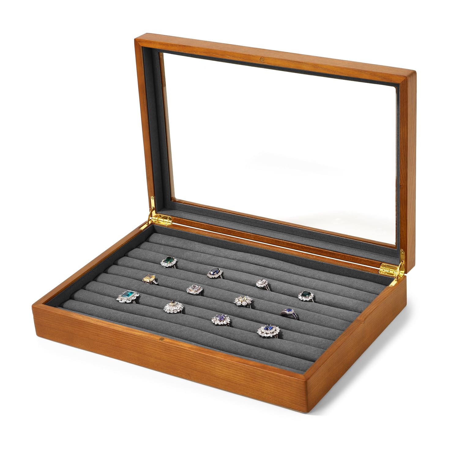 Oirlv ジュエリートレイ 蓋付き 木製 ジュエリーボックス 指輪 ピアス 大容量 ディスプレイ 収納 透明 高級 おしゃれ 適格請求書に対応 X02404 (ダークグレー)