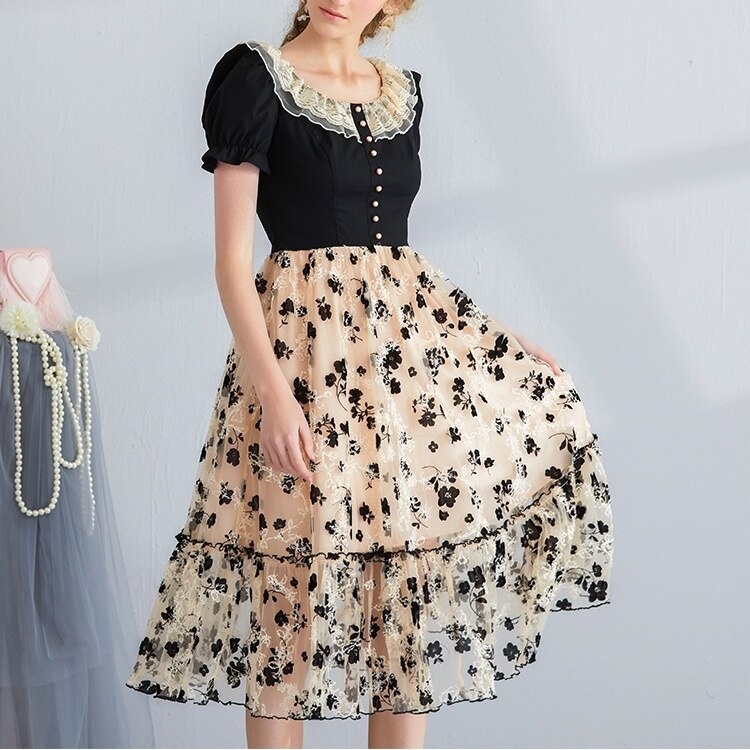 ワンピース 半袖 春 夏 春夏 きれいめ かわいい aライン Aライン フレア ワンピドレス フレアスカート ひざ丈 膝下 ぽわん袖 パフスリーブ ラウンドネック 襟付き フリルカラー セミフレア 細