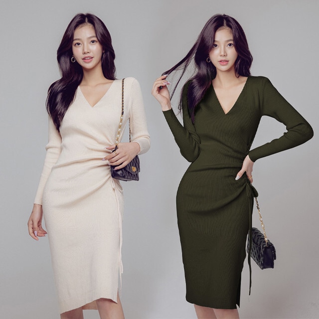 【送料無料】レディース ニットドレス 長袖 Vネック ボトムオープンフォーク セータースカート