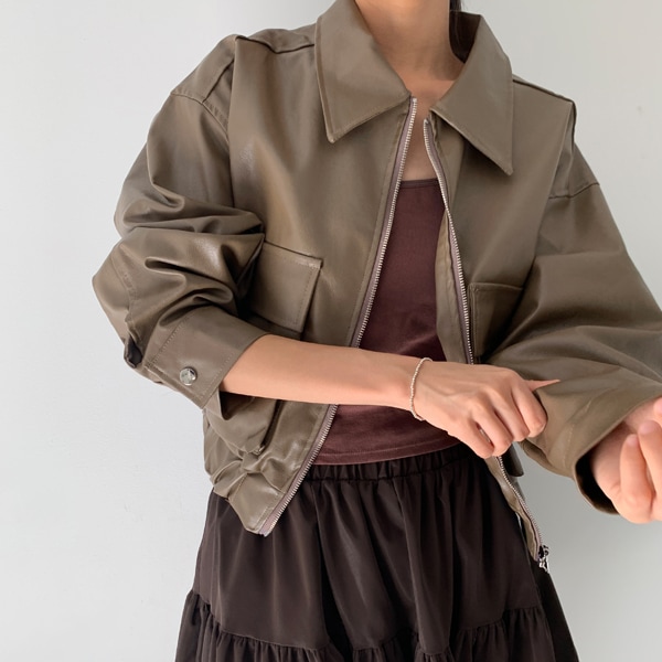 韓国ファッション 裾 バンディング オーバーフィット カラー レザー ブルゾン ジャケット