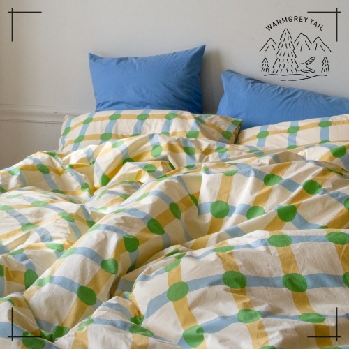 WARMGREYTAIL 布団カバー&枕カバー2枚セット Queenサイズ Dot Check Green on Beige