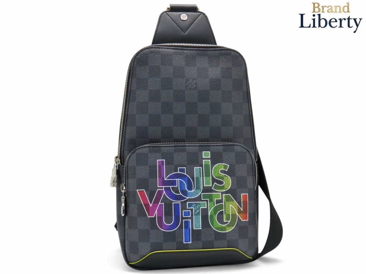 レア新品同様ルイヴィトンLOUISVUITTONダミエグラフィットLVロゴアヴェニュースリングバッグボディバッグバムバッグショルダーバッグブラックレインボーイエローPVCレザーN40273