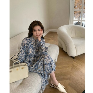 フランスの花の長袖ワンピース女性春秋レトロで甘いロマンチックなゆったりしたロングスカート優しくて熟し