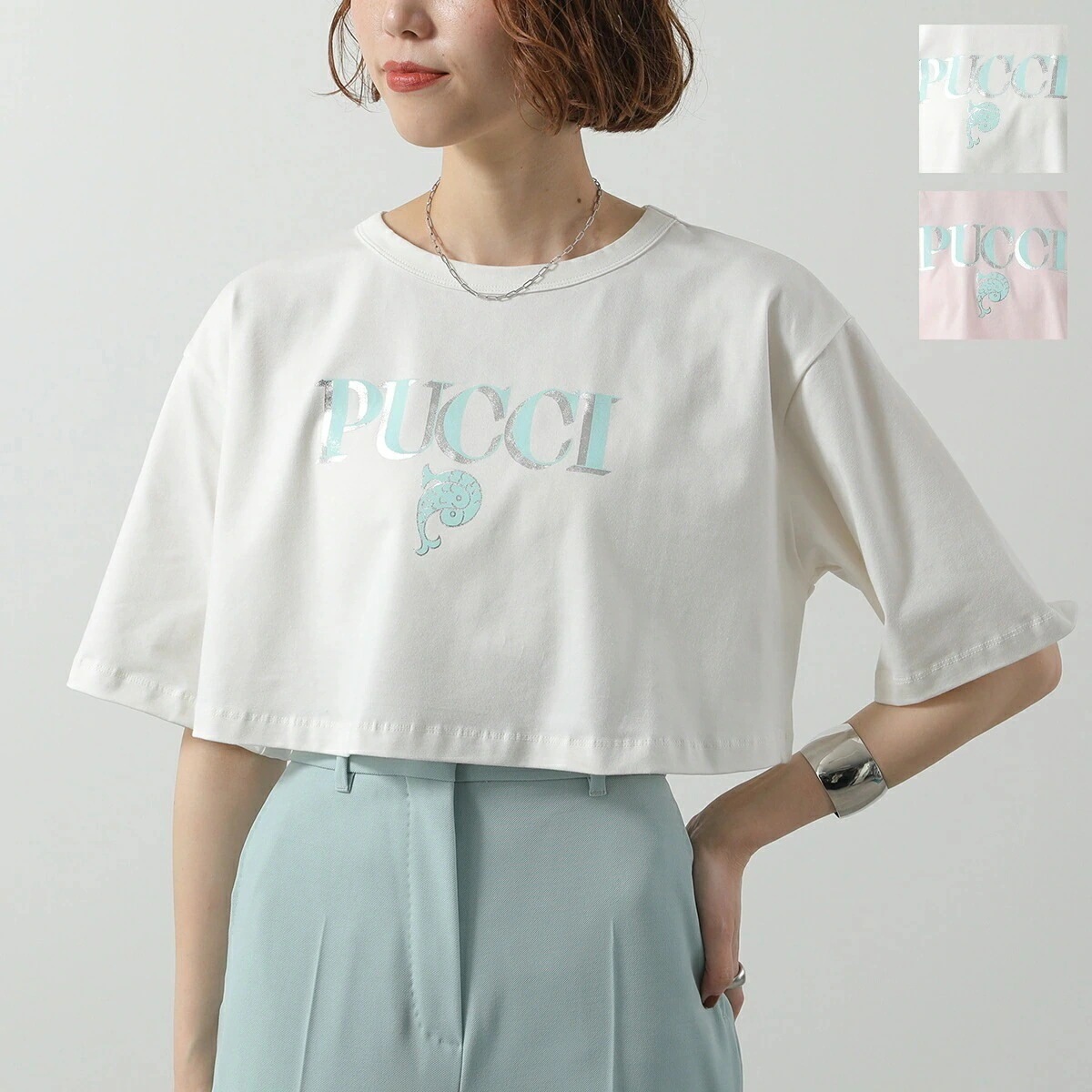 EMILIO PUCCI KIDS エミリオプッチ キッズ Tシャツ PW8A21 Z2357 レディース ガールズ 半袖 カットソー クロップド丈 クルーネック カラー2色