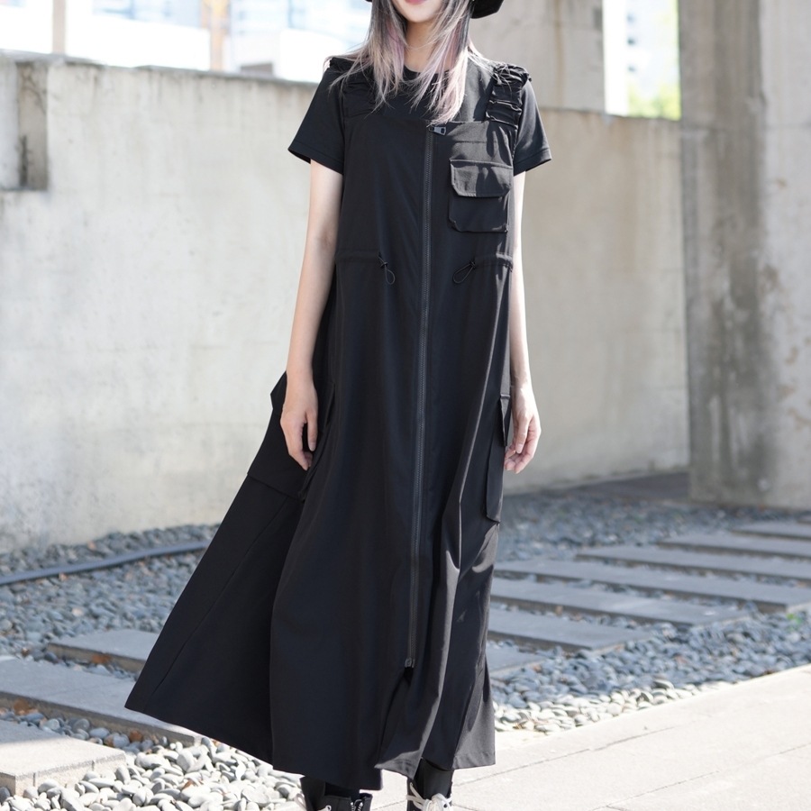 ワンピース ロングワンピース ジャンパースカート 前開き ファスナー ポケット ロング丈 可愛い かわいい 大人可愛い きれいめ シンプル 上品 おしゃれ かっこいい カジュアル こなれ感 個性的