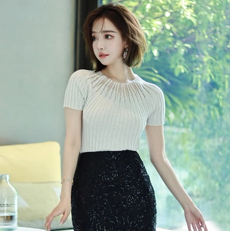 レディース トップス ニット セーター 半袖 クルーネック 襟なし ネクタイ付き リブニット 伸縮性 ラインストーン かわいい 大人可愛い きれいめ シンプル カジュアル 上品 おしゃれ