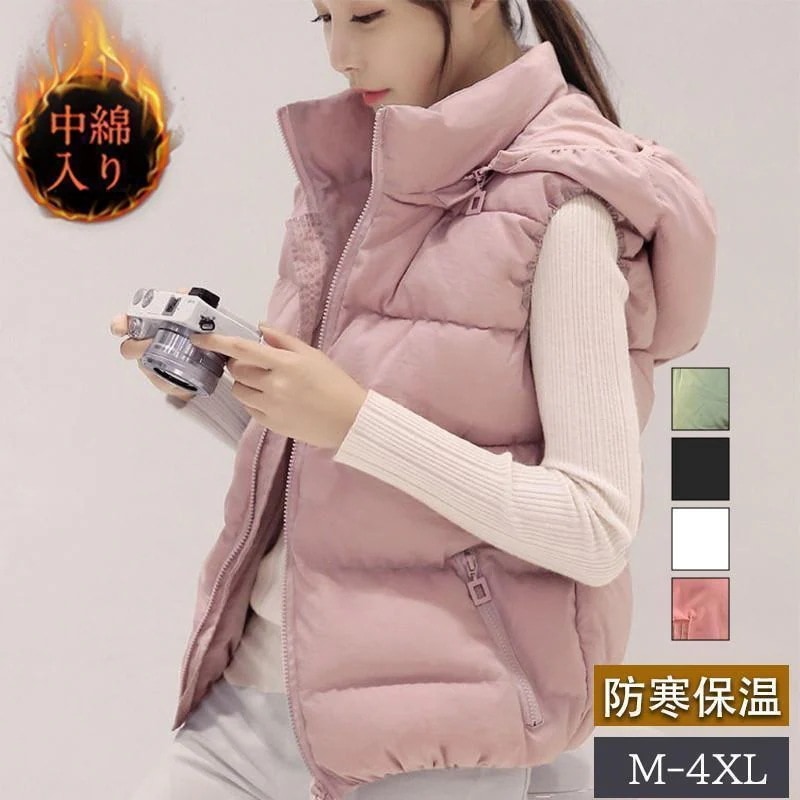 【急速出荷 2025年新作】中綿ベスト レディース ベスト フード付き 袖なし 無地 ショット丈 ジレ ダウンベスト カジュアル 厚手 秋冬 着痩せ 可愛い 暖かい