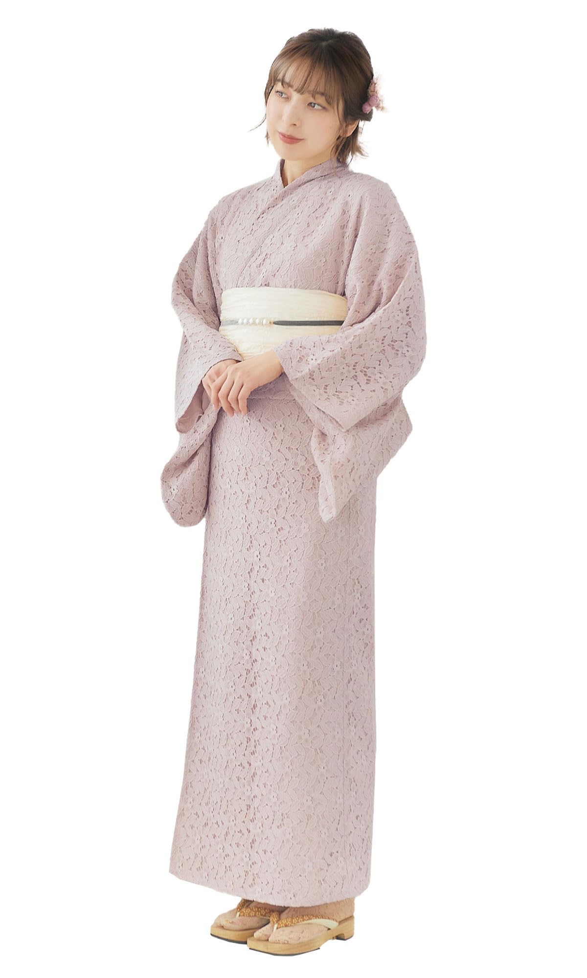 [NISHIORI] レース 夏着物 浴衣 3点セット (ゆかた/しわふわ 兵児帯/下駄) くすみピンク 白 オフホワイト クリーム 上品 きれいめ 大人の浴衣 セット (PINK)