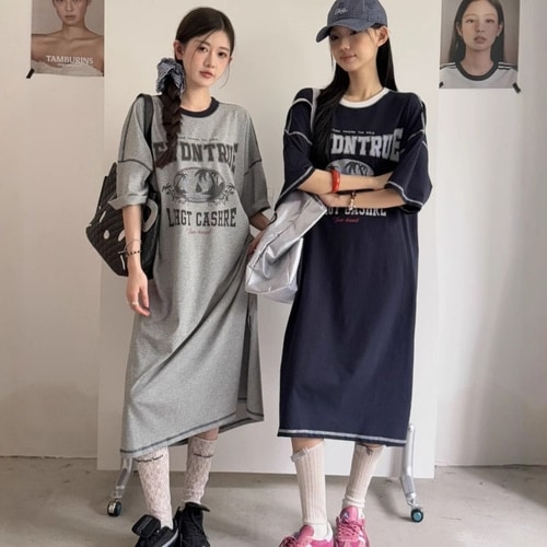 [2色]プリントステッチラウンドネックロングワンピース