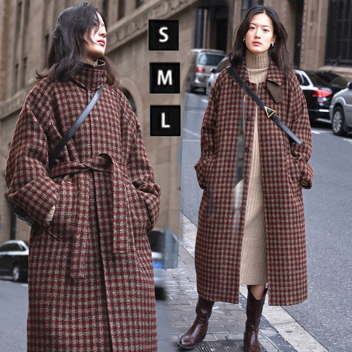 ステンカラーコート レディース 冬 ロング ロングコート チェック柄 女性 アウター 定番 おしゃれ ファッション 可愛い 大人 通勤 通学 普段着 秋冬 冬服 暖かい ハイネック 2way 防風 防