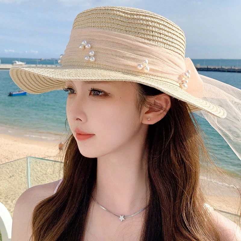 新作入荷紫外線対策 紫外线防护韓国 ファッション 春夏 ビーチハット キャップ サンバイザー レディース UVカット 真珠 アウトドア キャップ 小顔効果 46aa4777