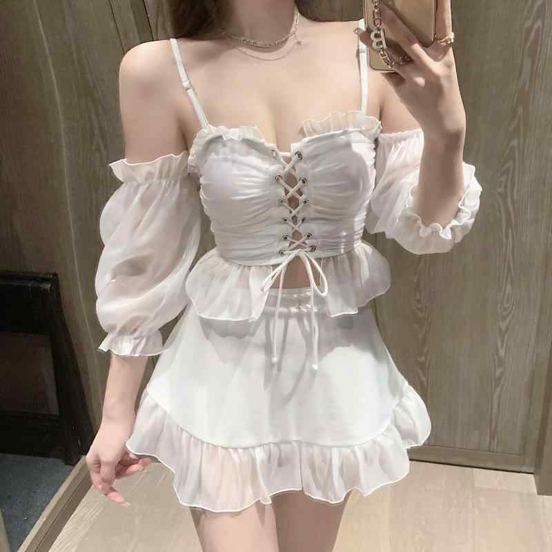 ビキニ 水着 レディース ファッション 夏 プール レジャー 海水浴 Vネック ホワイト 白 三角 分割 スリーピース ウエスト カバー