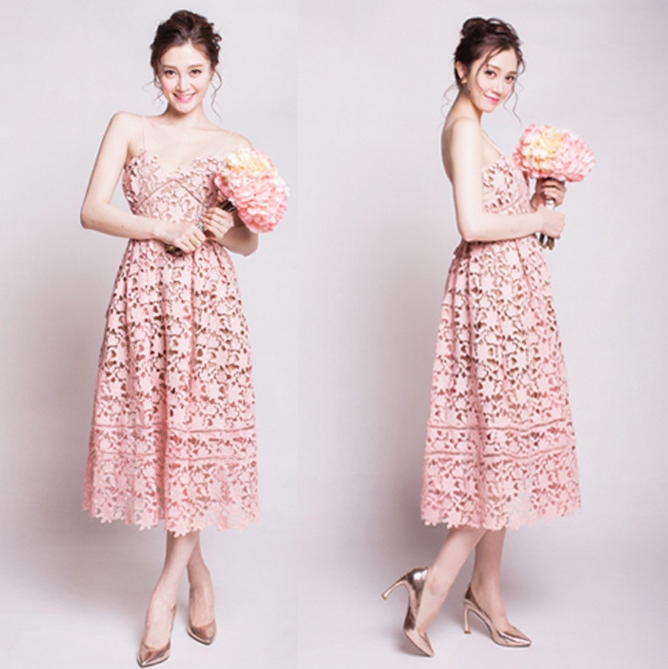 レースワンピース ミモレ丈 キャミワンピ パーティードレス韓国 レディース オルチャン ピンク カラードレス Aラインドレス カジュアルドレス 袖なし ノースリーブ Vネック 胸元 Aライン
