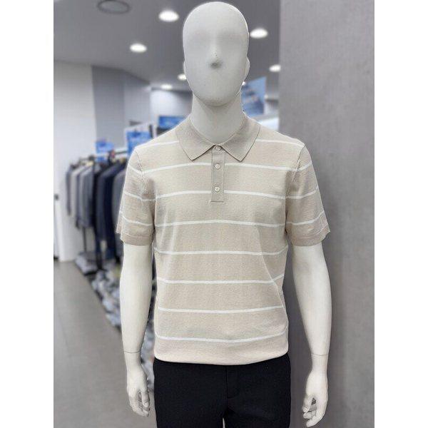 メンズ夏半袖ウォッシャブルコットン100%ストライプポロカラーネックニットトップTシャツ2色_JK