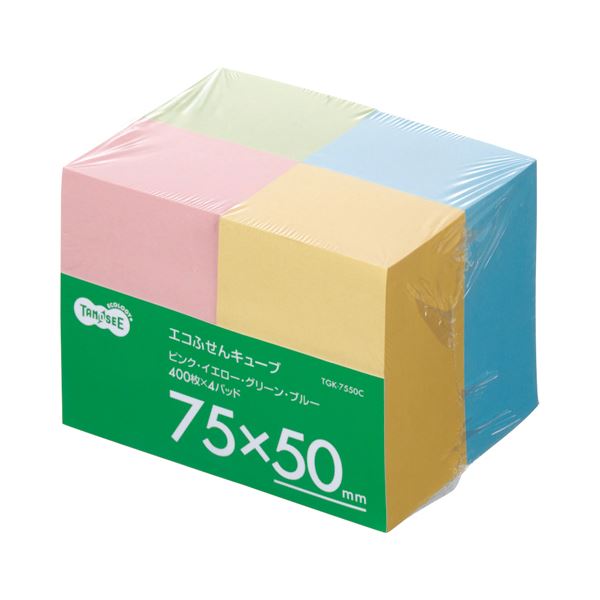 (まとめ) TANOSEE エコふせん キューブ 75×50mm 4色 1パック（4冊） (×10セット)