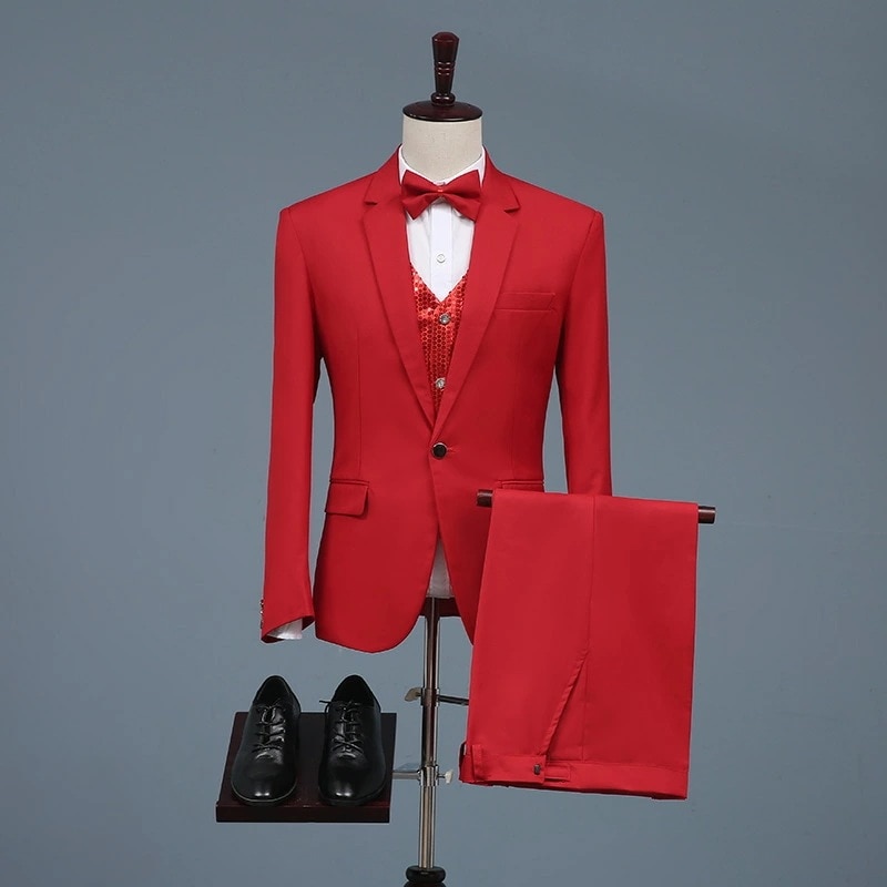 レッド　メンズスーツ　スーツセット　上下セット　タキシード　メンズ タキシードフォーマル　演出舞台　結婚式/パーティ/司会　スーツ/ズボンの2点セット　大きいサイズ有り