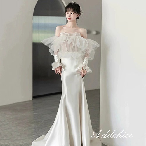 マーメイドドレス 花嫁ドレス ウェディングドレス ロングドレス サテン 袖あり パーティードレス オフショルダー 肩出し 二次会 謝恩会 結婚式 花嫁 ブライダル 演奏会 披露宴 コンサート 大きいサ