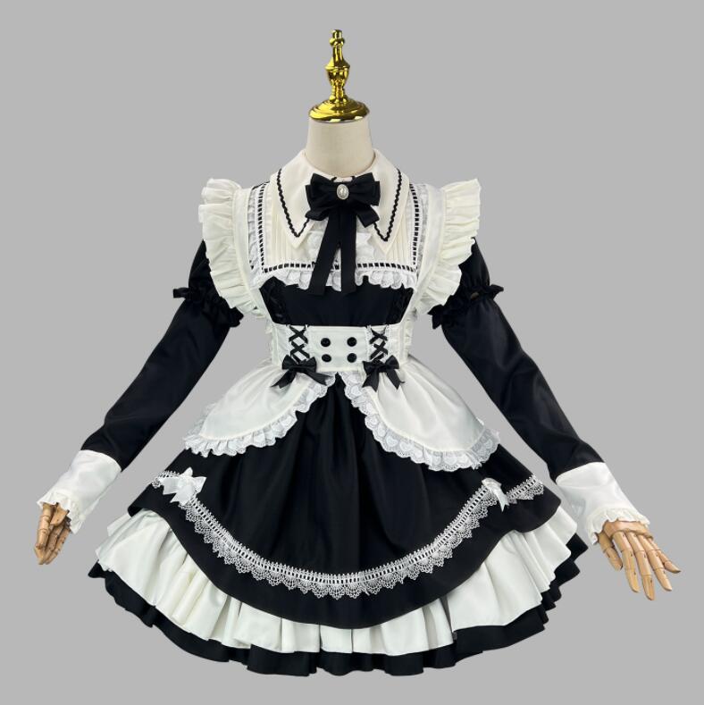 【TikTok人気新品】メイド服 膝丈 メイドワンピース 長袖取り外し可 半袖2way メイドコスチューム メイド服 コスプレ ロリータ ワンピース メイド喫茶 cosplay エプロン ワンピ ハロ
