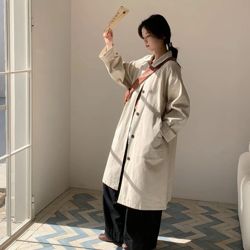 ロング シンプル ターンダウンカラー ミドル丈 トレンチ コート