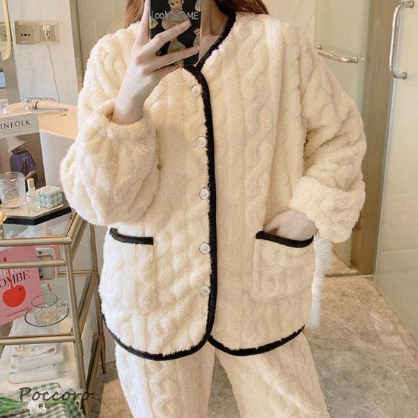 お部屋着 レディース 長袖 冬用 かわいい ふわふわ ソフト ファー 暖かい トップスとパンツのセット