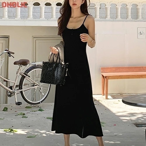 [メガ割りSALE]カップ付ストレッチロングボタンフレアスリムボーダーキャミワンピース・1917016