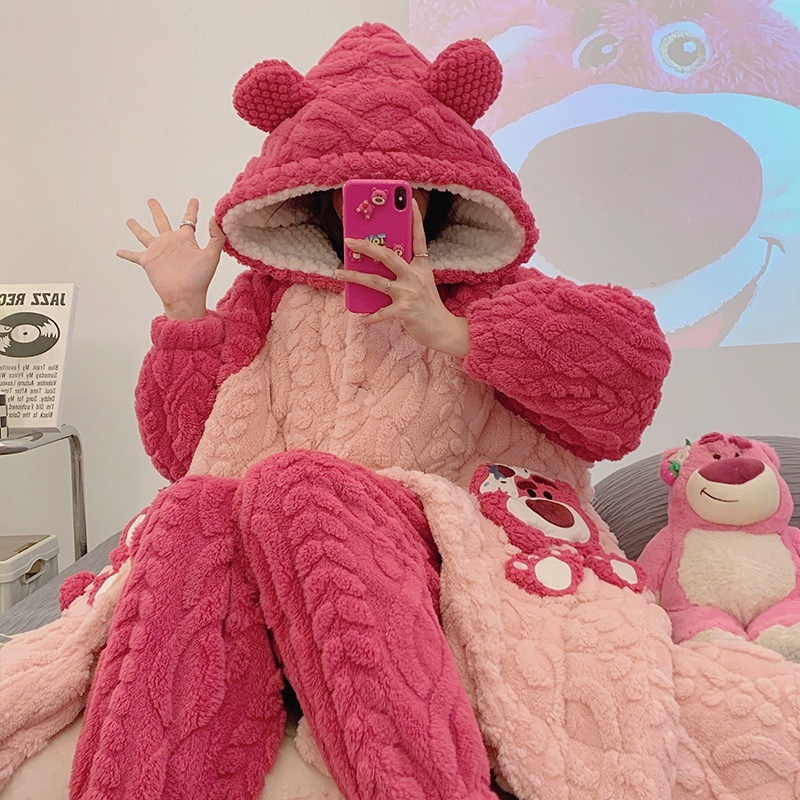 3層綿パジャマロングタイプ冬の厚手加絨フランネルスリーパー女性サンゴ絨毯連帽部屋着セット