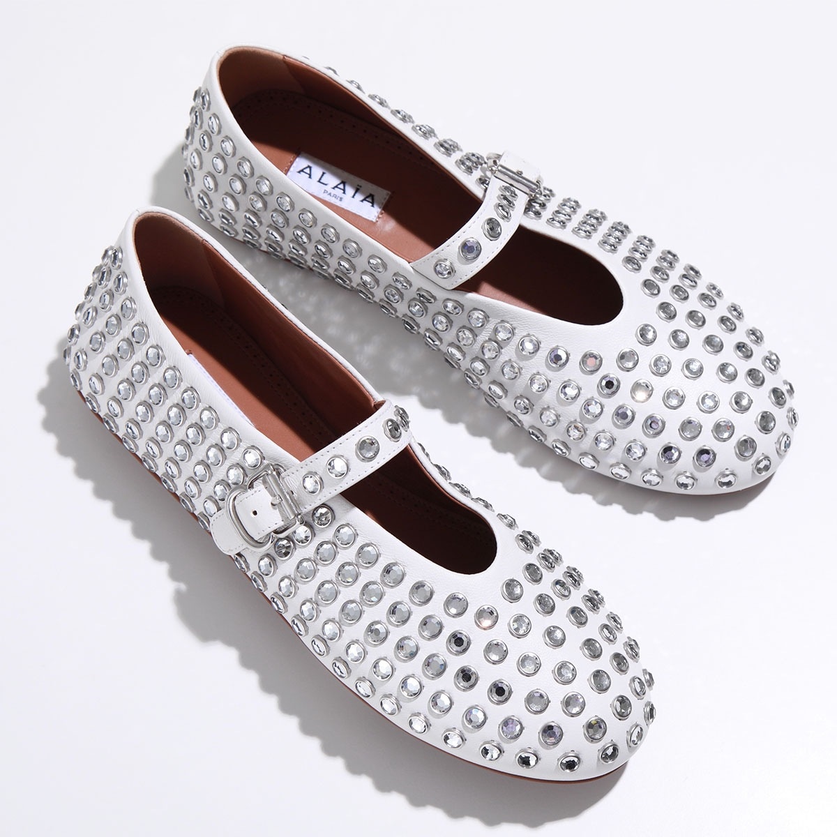 ALAIA アライア バレエシューズ BALLERINA STRAP AA3A029CK116 レディース フラットシューズ レザー ラインストーン装飾 靴 20/BLANC-CASSE【箱B】