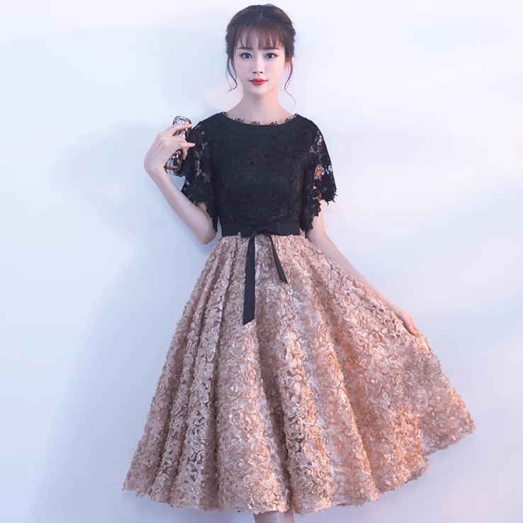 ドレス パーティードレス 二次会ドレス 膝丈ドレス Aラインドレス イブニングドレス 膝丈 ひざ丈 袖あり 半袖 ラウンドネック 襟なし Aライン プリンセス レース リボン ウエストリボン