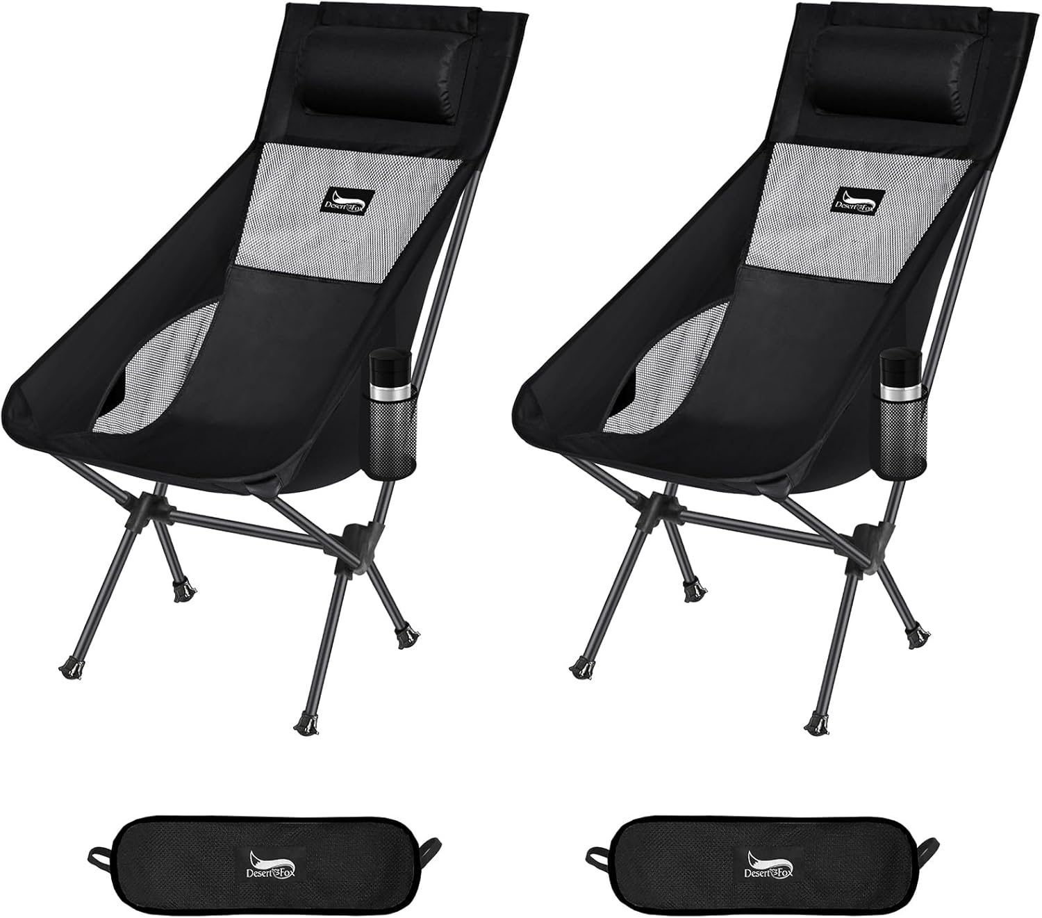 折りたたみ式ハイバックチェア 枕付き カップホルダー付 耐荷重150kg コンパクト 収納袋付属 2個セット 黒
