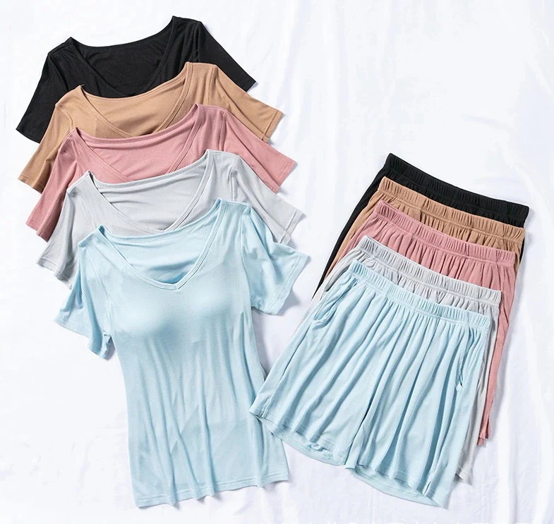 パジャマ レディース家着セット快適でカジュアルな家服半袖半ズボンセット新しい女性Tシャツカップ付きインナーパジャマ レディース ルームウェア