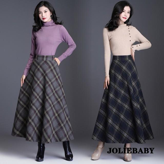 スカート レディース チェック柄 40代 きれいめ マキシスカート Aライン 体型カバー ウール混 ロングスカート 秋 冬 ハイウエスト ボトムス